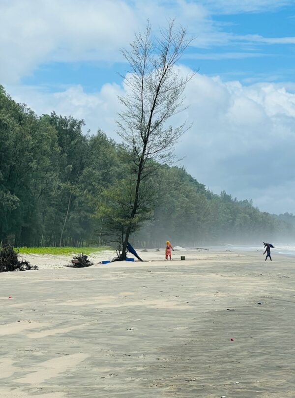 a group of people standing on top of a sandy beach