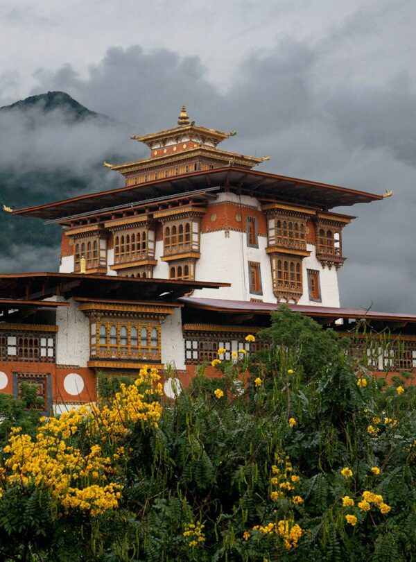 A building with a mountain in the background
