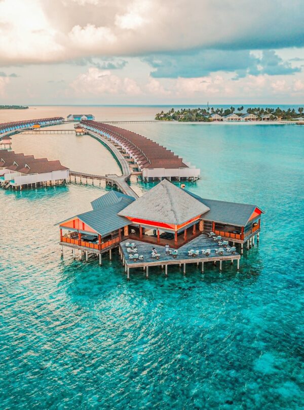aerial photography of resort rooms and island